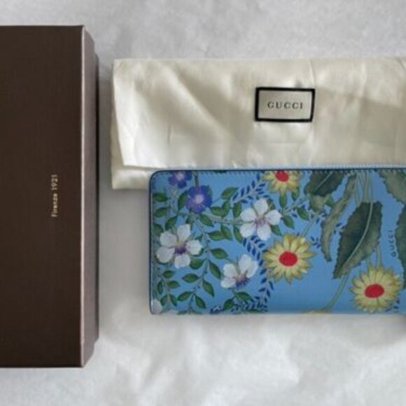 Gucci Nymphae Azure Shanghai Blue Large Floral Zip Wallet Purse Italy Bag NEW - Picture 5 of 6